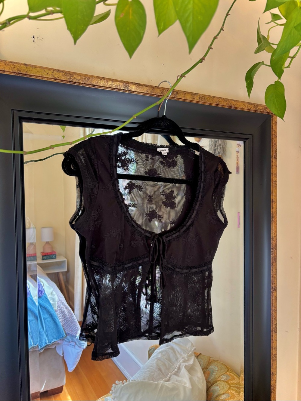 Garage Black Lace Sheer Tie-Front Blouse
